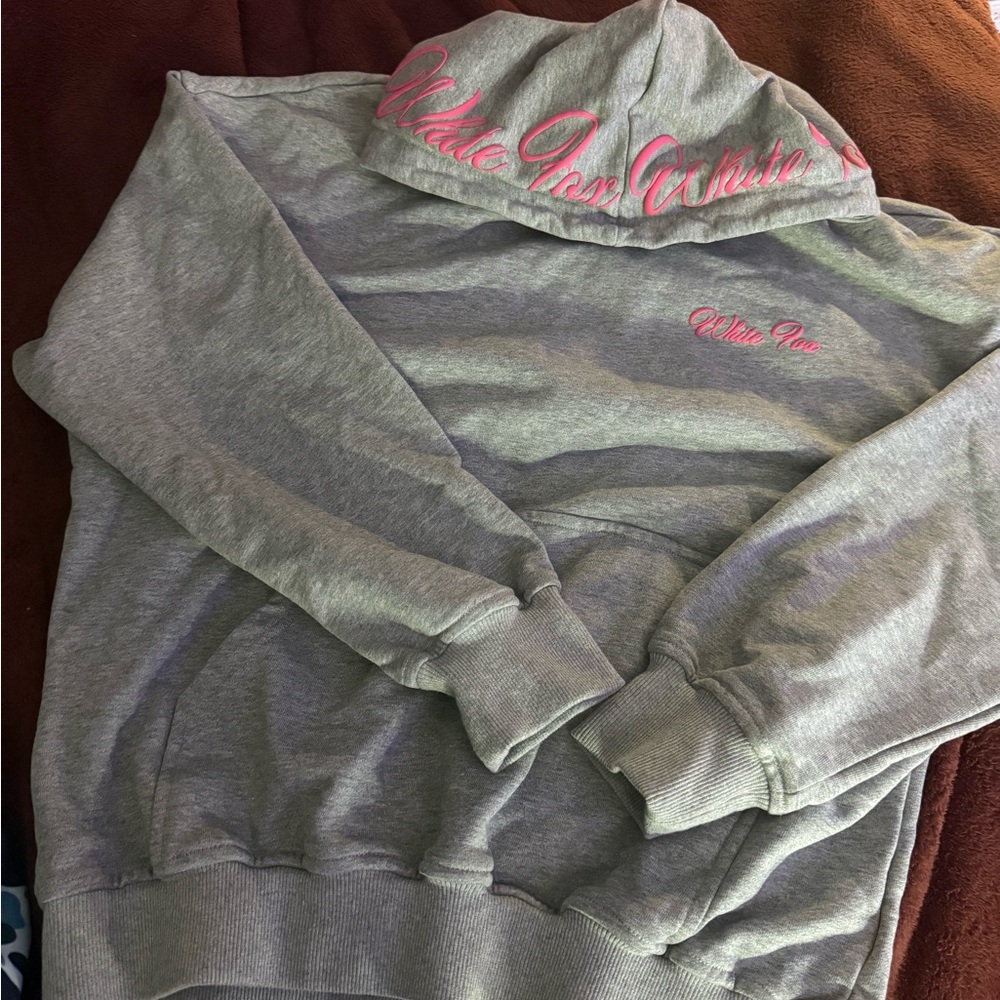 White fox Gray Hoodie with Pink Script